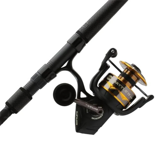 Battle IV Spinning Reel and Fishing Rod Combo for Saltwater Fishing Black Aluminum Body with Carbon Fiber Shaft High-Speed Retr