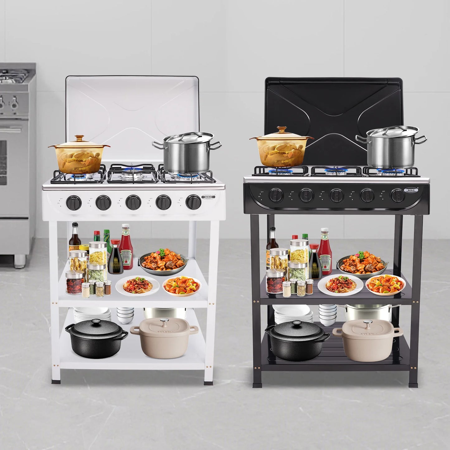 5 Burner Gas Stove for Outdoor Camping with 2 Tier Storage Rack Ideal for Cooking and BBQ