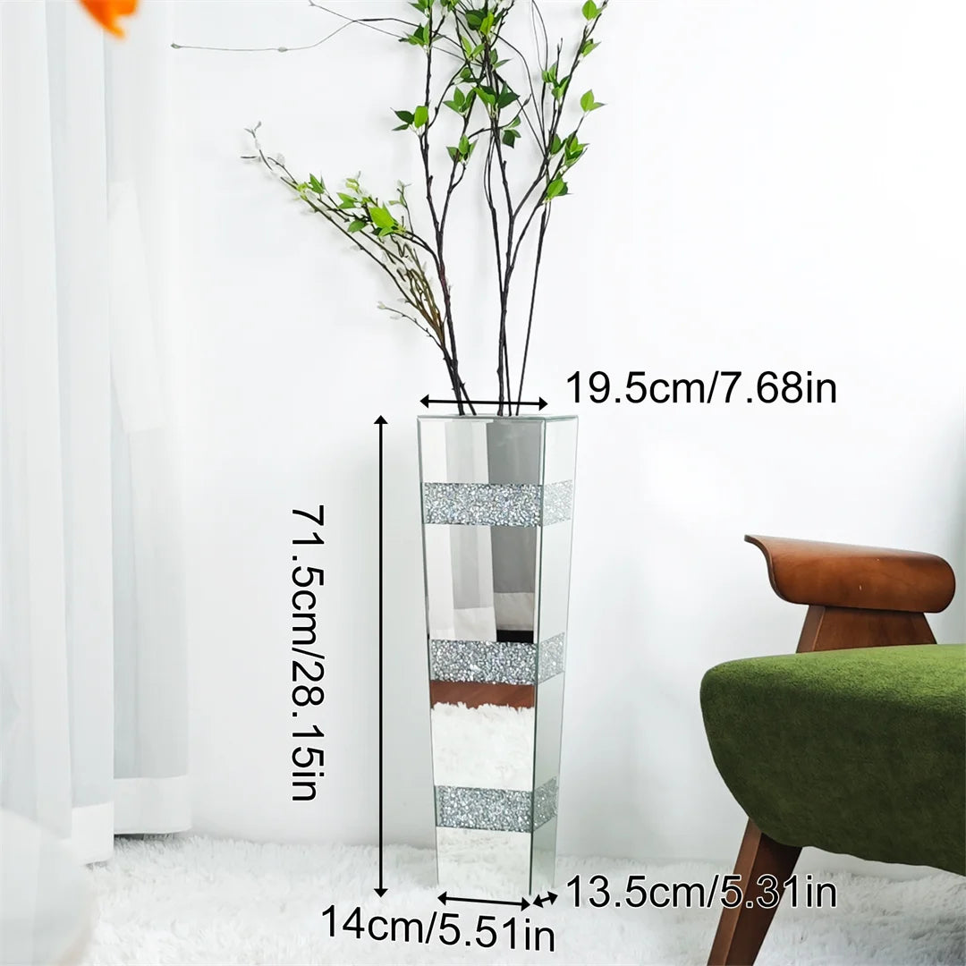 28” Tall Decorative Crystal Silver Floor Flower Vase Standing Mirrored Flower Vase Floral Arrangement Vase