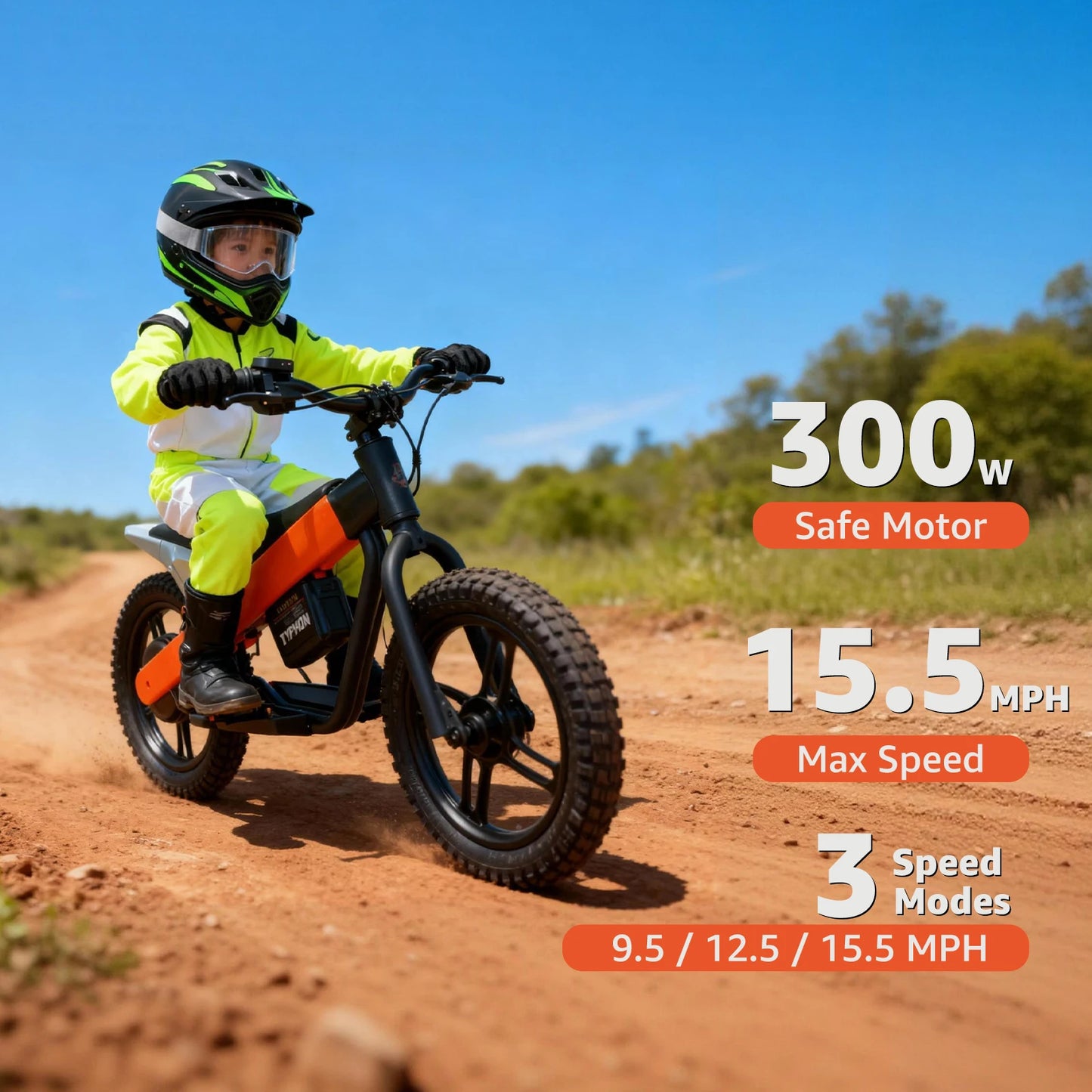 24V Electric Dirt Bike for Kids 8+, 300W Motor, Removable Battery, 15.5 mph Max Speed, 15 Miles Range, 3 Speed Mode, Orange