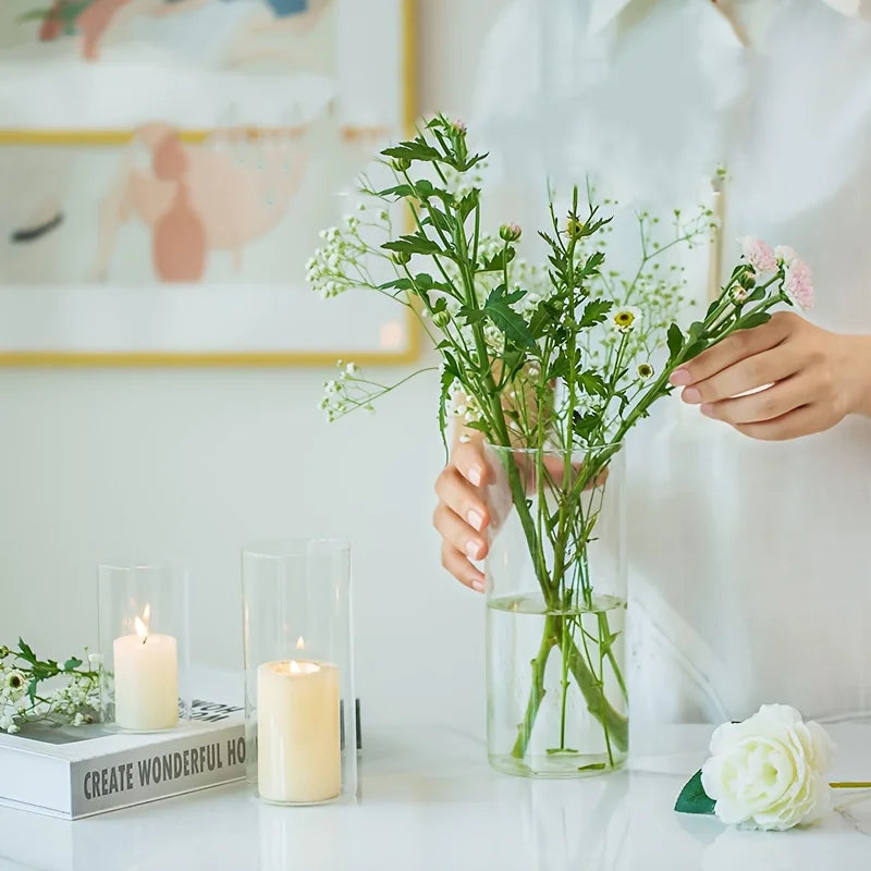 12/30 Set of Cylindrical Glass Vases, Modern Transparent Vases, Hurricane Candle Holders for Pillar Candles, Wedding Vases