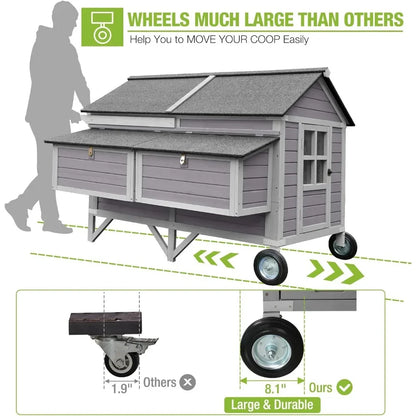 Chicken Coop for 10-12 Chickens with Large Wheels Wooden Large Chicken Coop Spacious Habitat with 4 Perches 4 Nesting