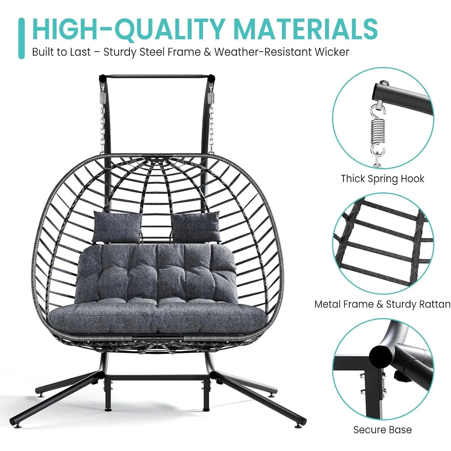 Double Egg Swing Chair with Stand, Outdoor Patio 2 Person Hanging Wicker Hammock Chairs with Cushion for Indoor Bedroom,