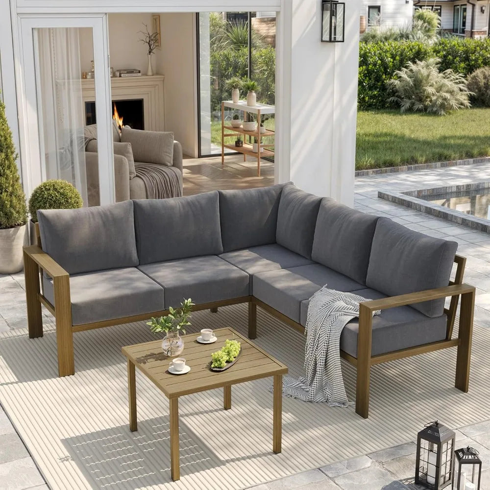 6 Piece Patio Furniture Set, Faux Wood Metal Outdoor Sectional Sofa with 6" Thick Olefin Cushions, Wide Armrest & Coffee Table
