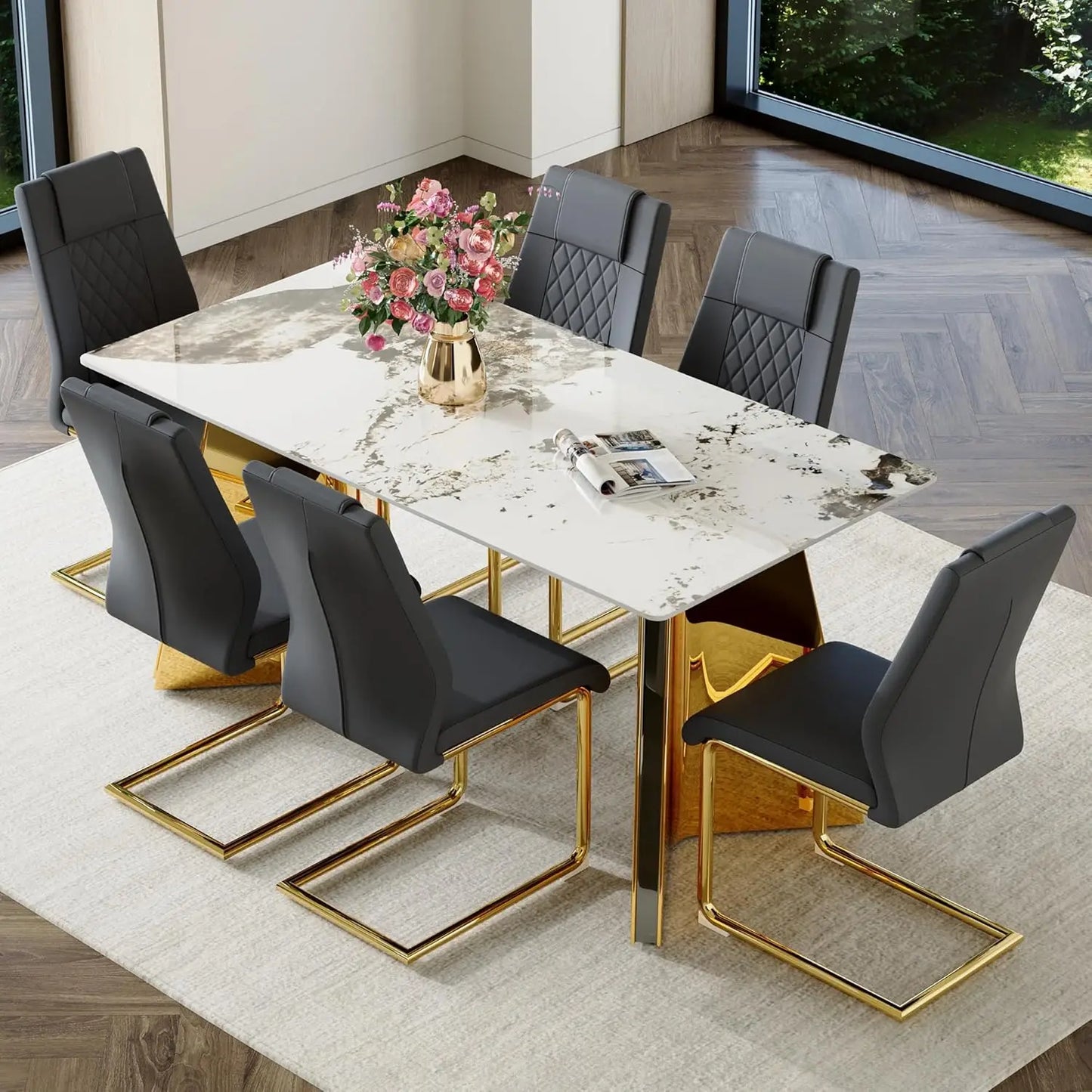 7 Pieces Dining Table Set,63" Marble Kitchen Room Table with 6 Black Chairs,Rectangle Sintered Stone Top with Gold Legs
