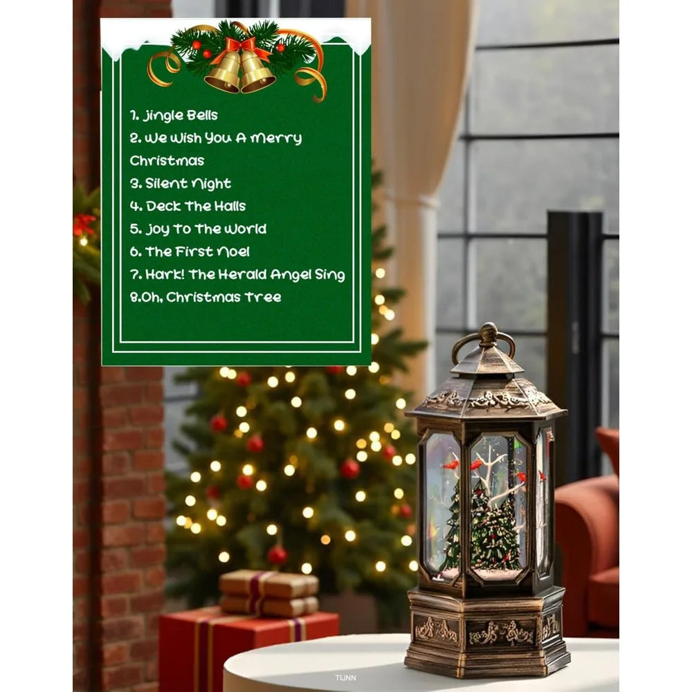 Illuminated Christmas Snow Globe with Glitter and Music, USB/Battery Powered, Featuring Cardinals in the Enchanted Forest