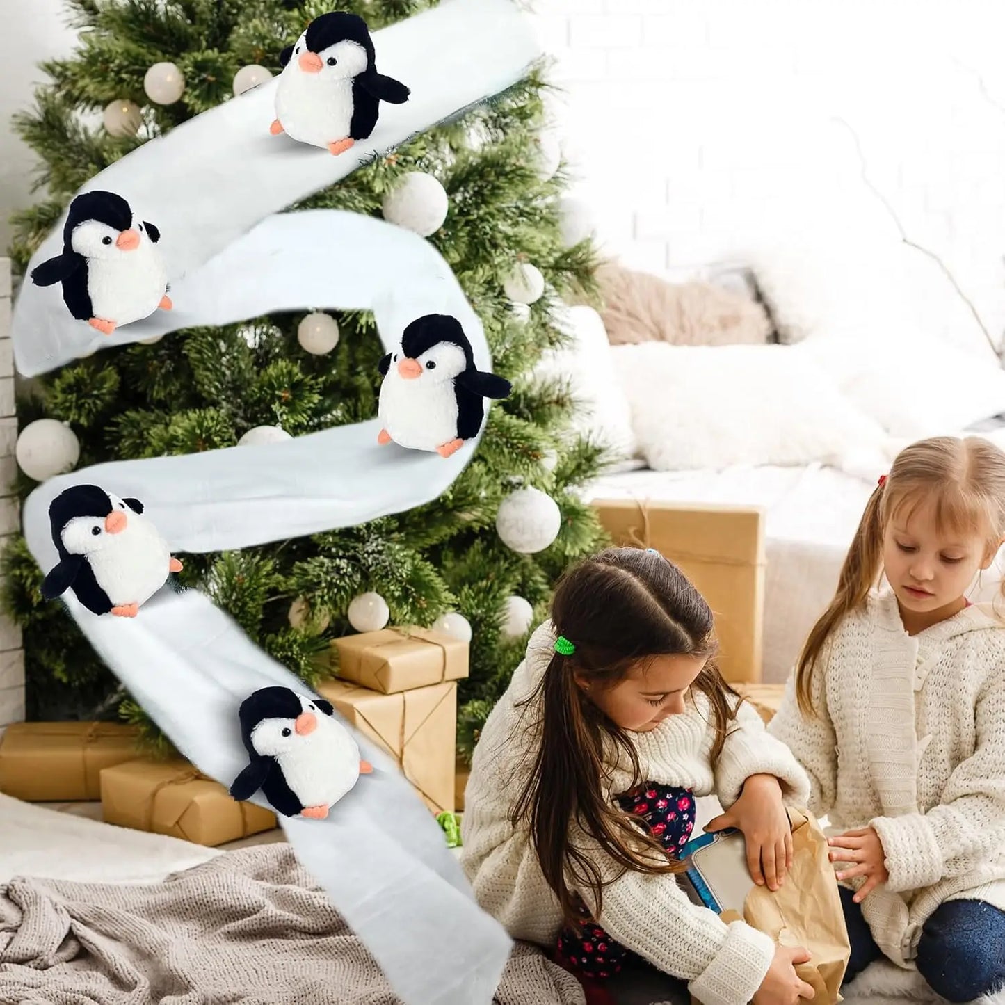 1set Christmas Stair Decoration Fake Snow Cotton Carpet with Sliding Penguins DIY Staircase Decors for Indoor Xmas Tree Banister