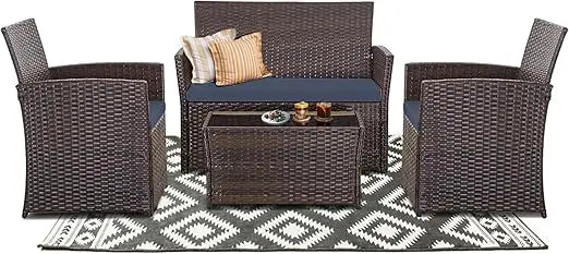 Patio Furniture Set, Outdoor Wicker Conversation Set, Rattan Sectional Sofa Couch with Glass Coffee Table & Thick Cushio