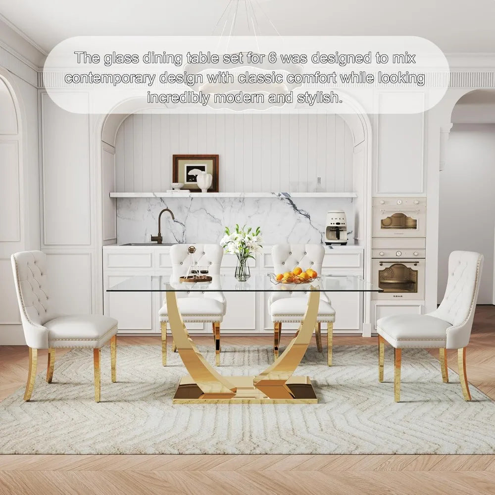 7-Piece Dining Room Set, 63" Gold Rectangular Glass Kitchen Table with 6 Beige High Back Chairs, Modern Glass Dining Table Set f