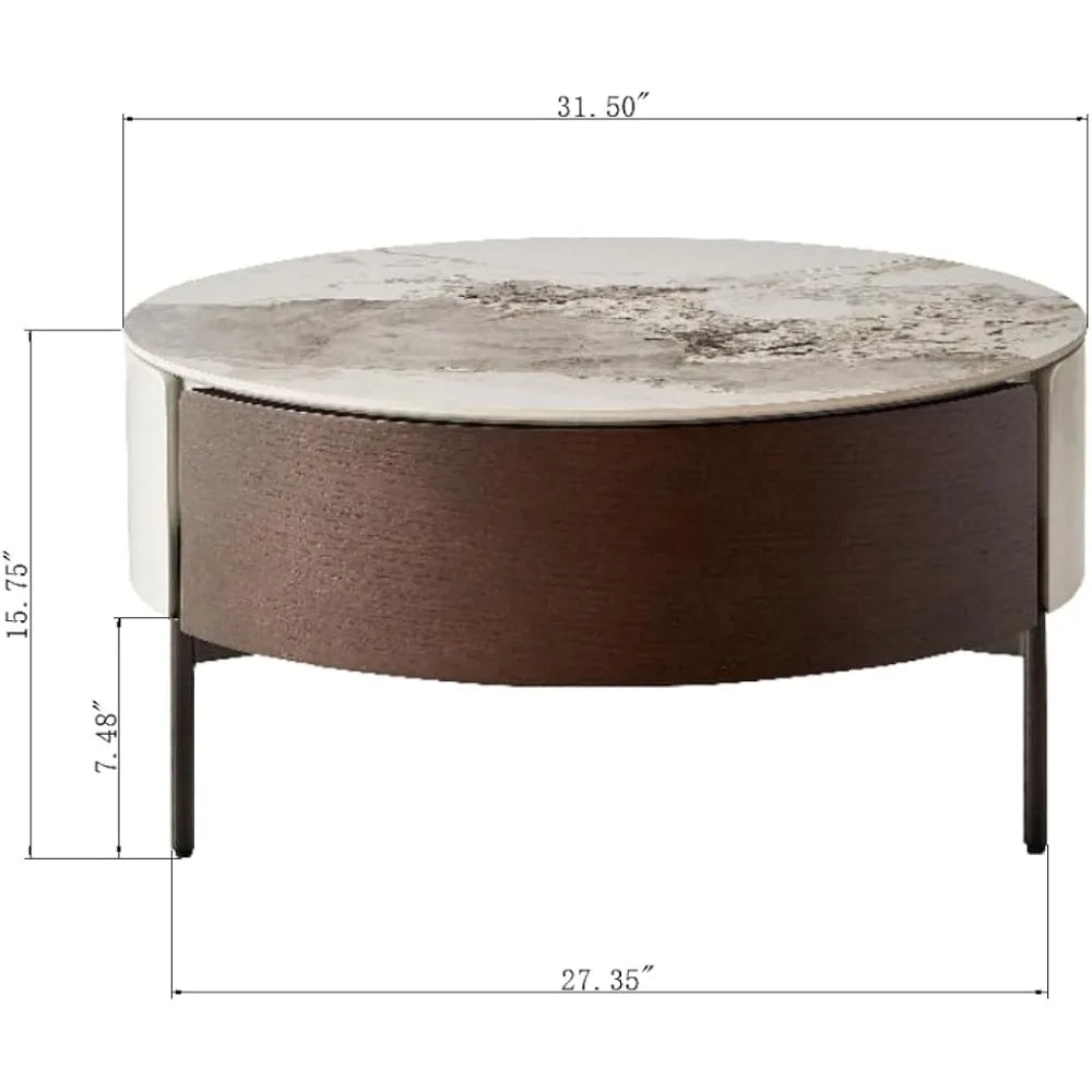 31.5 Inch Round Marble Coffee Table with Walnut Brown Drawers & White Sintered Stone Top, Modern Living Room Center Table Black