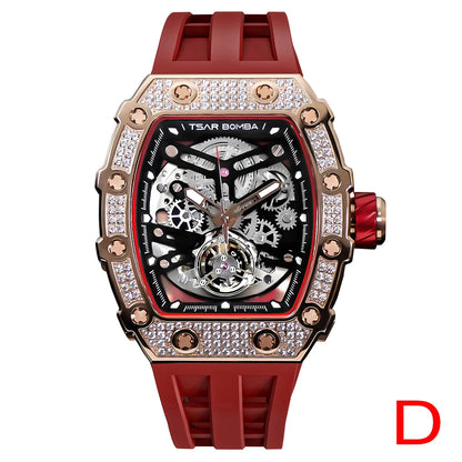 TSAR BOMBA 2022 Luxury Mens Automatic Watch Waterproof Carbon Fiber Clock Tonneau Skeleton Mechanical Wrist Watch for Men