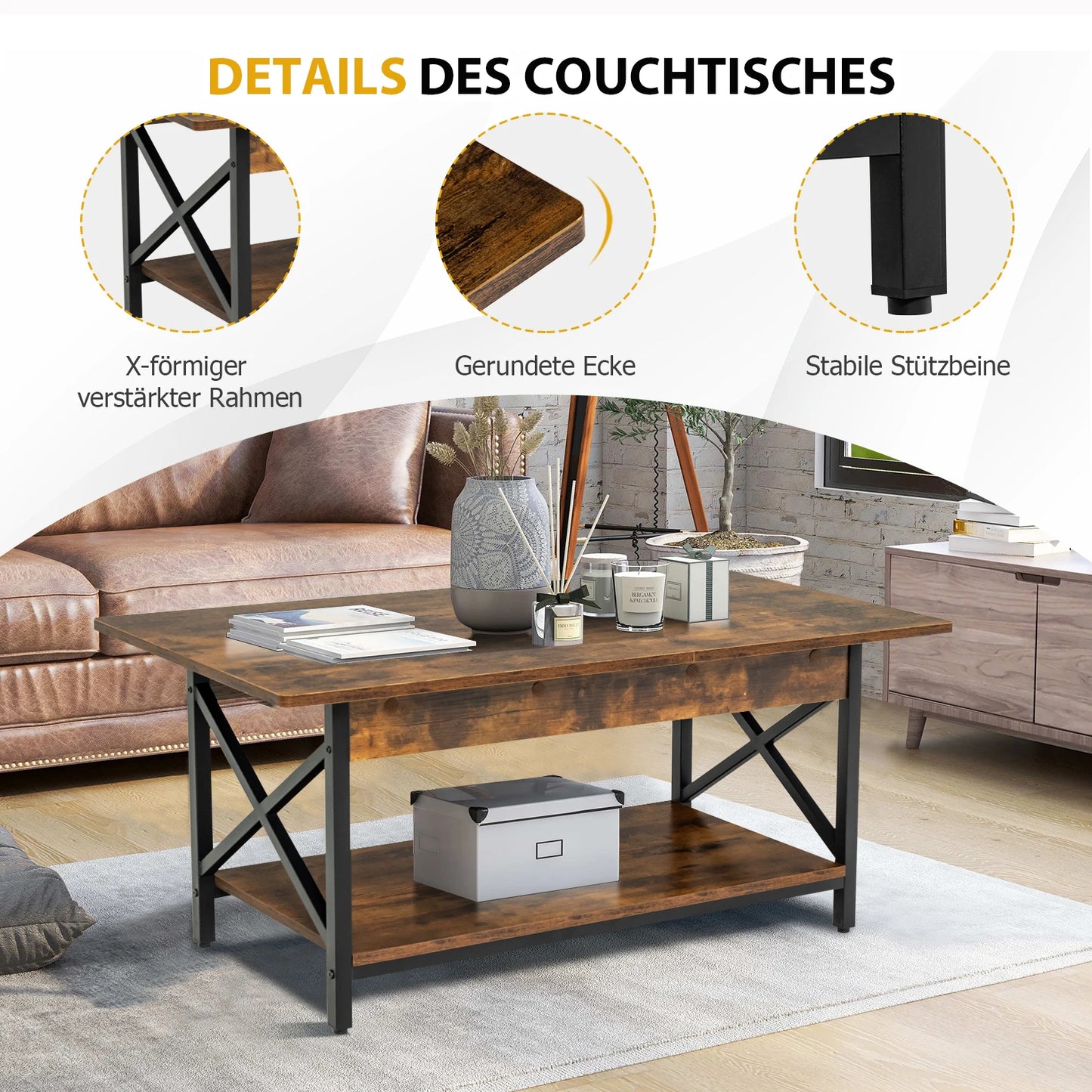 Coffee table coffee table with shelf, living room table, Sofa table for living room, 110x60x48 cm Rustic Brown