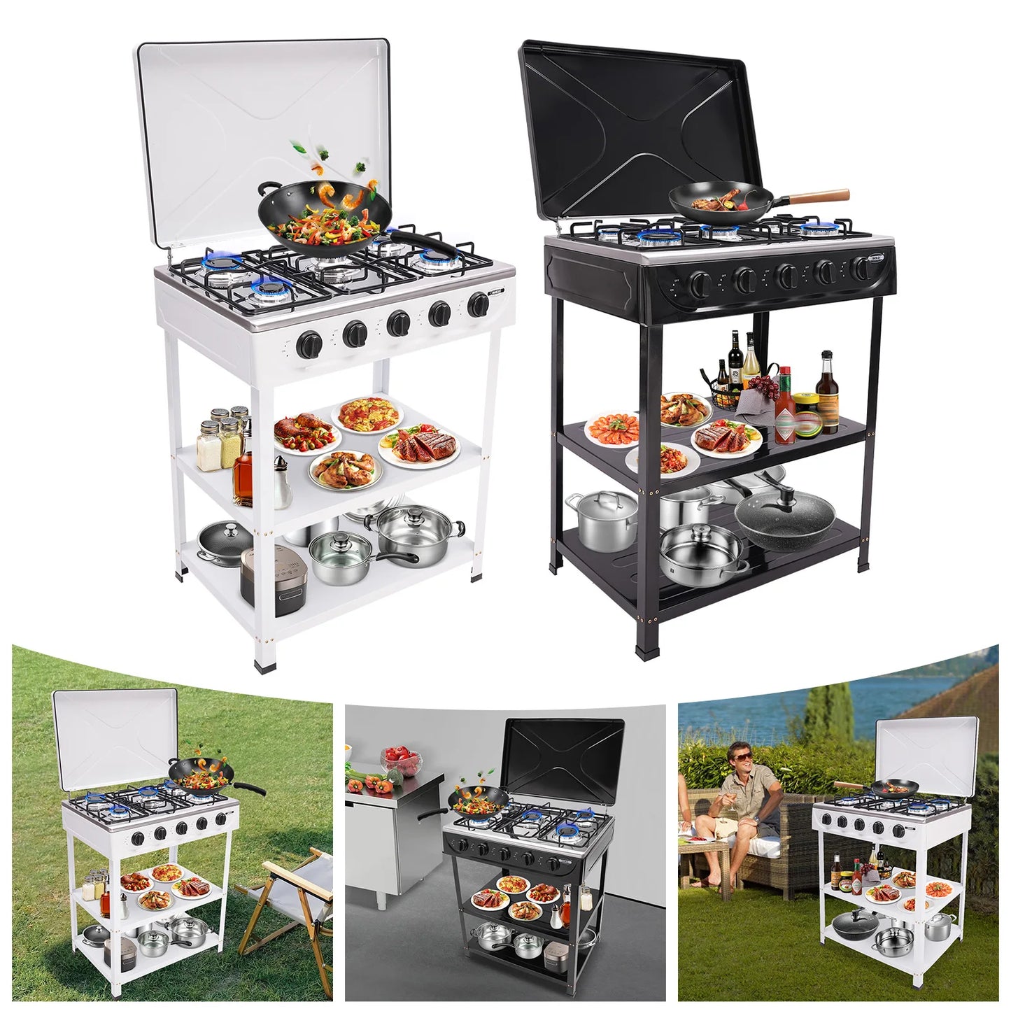 5 Burner Gas Stove for Outdoor Camping with 2 Tier Storage Rack Ideal for Cooking and BBQ
