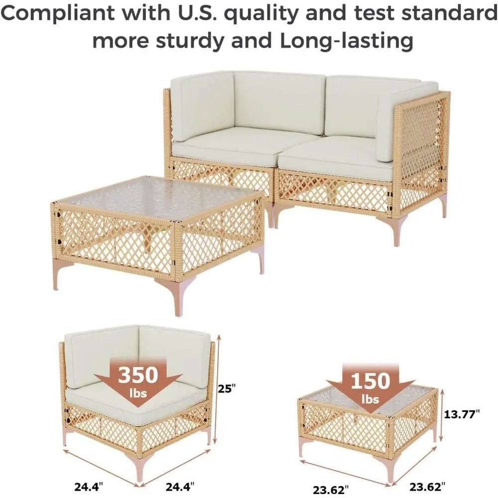 3 Piece Patio Furniture Set，All-Weather Wicker Outdoor Patio Furniture Set，Bohemia Outdoor Sectional Sofa with Thick Cushions