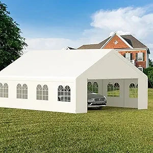 "20ft x 26ft durable carport with roll-up clear panels, reinforced party tent with detachable walls and doors"