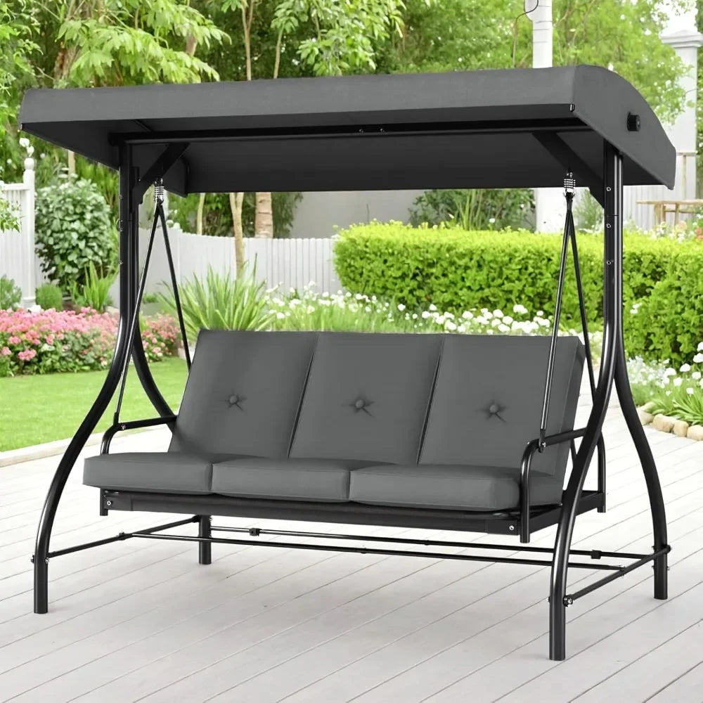 3-Seat Outdoor Patio Swing Chair with Adjustable Canopy And Backrest Adult Porch Swing Bed Thickened for Garden Backyard