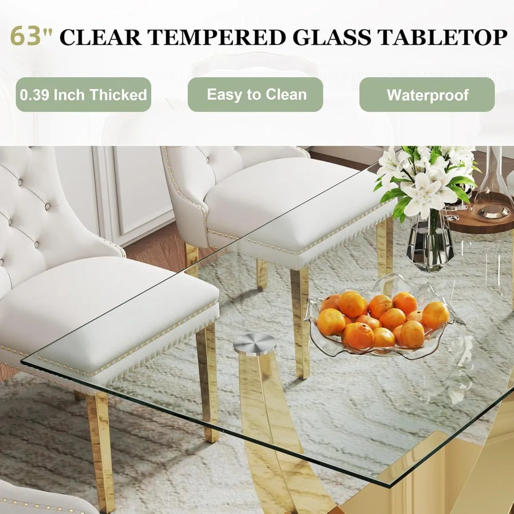 7-Piece Dining Room Set, 63" Gold Rectangular Glass Kitchen Table with 6 Beige High Back Chairs, Modern Glass Dining Table Set f