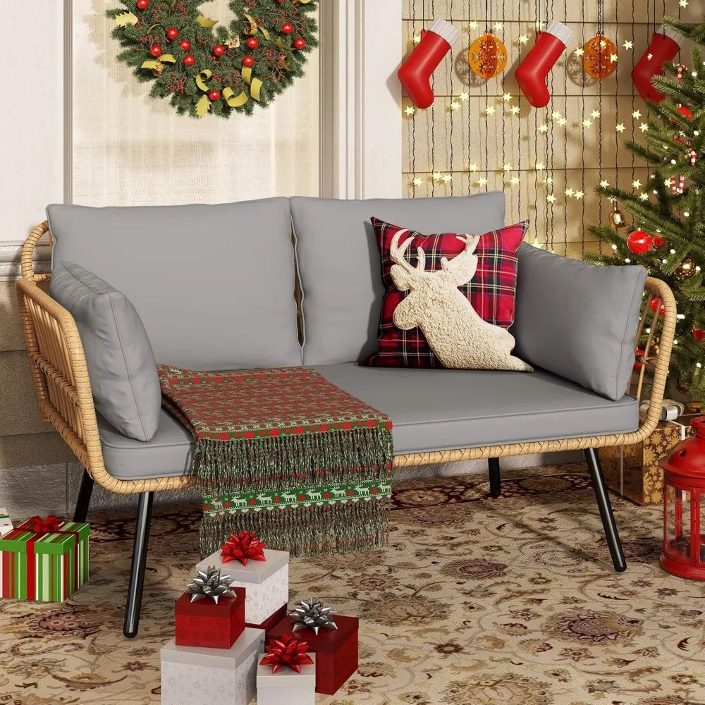 All-Weather Wicker Rattan Outdoor Patio Loveseat with Cushions and Lumbar Pillows, 2-Seater Sofa Set