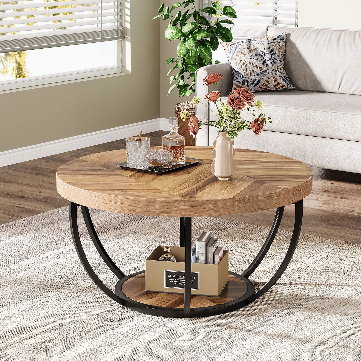 Tribesigns 31.7" Round Coffee Table, Industrial 2-Tier Circle Coffee Table with Storage Shelves, Modern Wooden Accent Center Tab