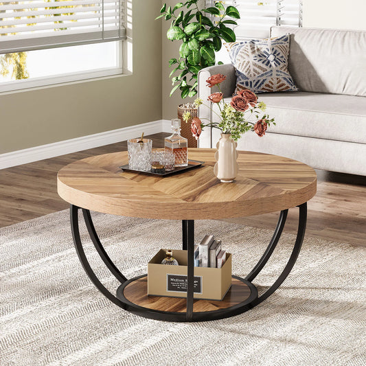 Tribesigns 31.7" Round Coffee Table, Industrial 2-Tier Circle Coffee Table with Storage Shelves, Modern Wooden Accent Center Tab