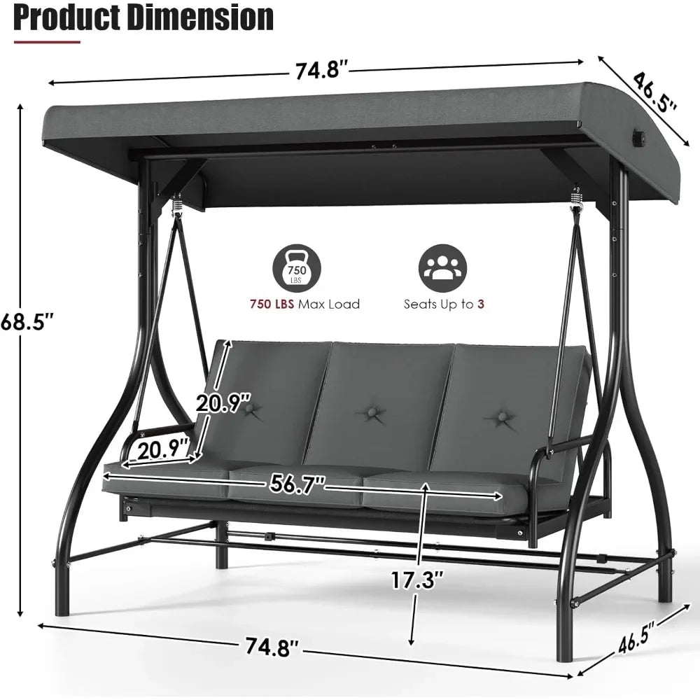3-Seat Outdoor Patio Swing Chair with Adjustable Canopy And Backrest Adult Porch Swing Bed Thickened for Garden Backyard
