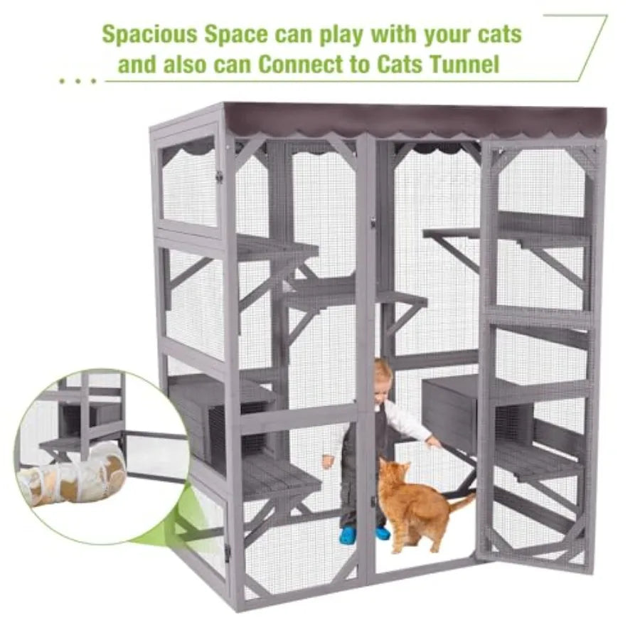 Outdoor Catio Large Cat Enclosure Wooden Cat House Playpen with Door Kitty Cage Waterproof Cover Brown Durable and Weatherproof