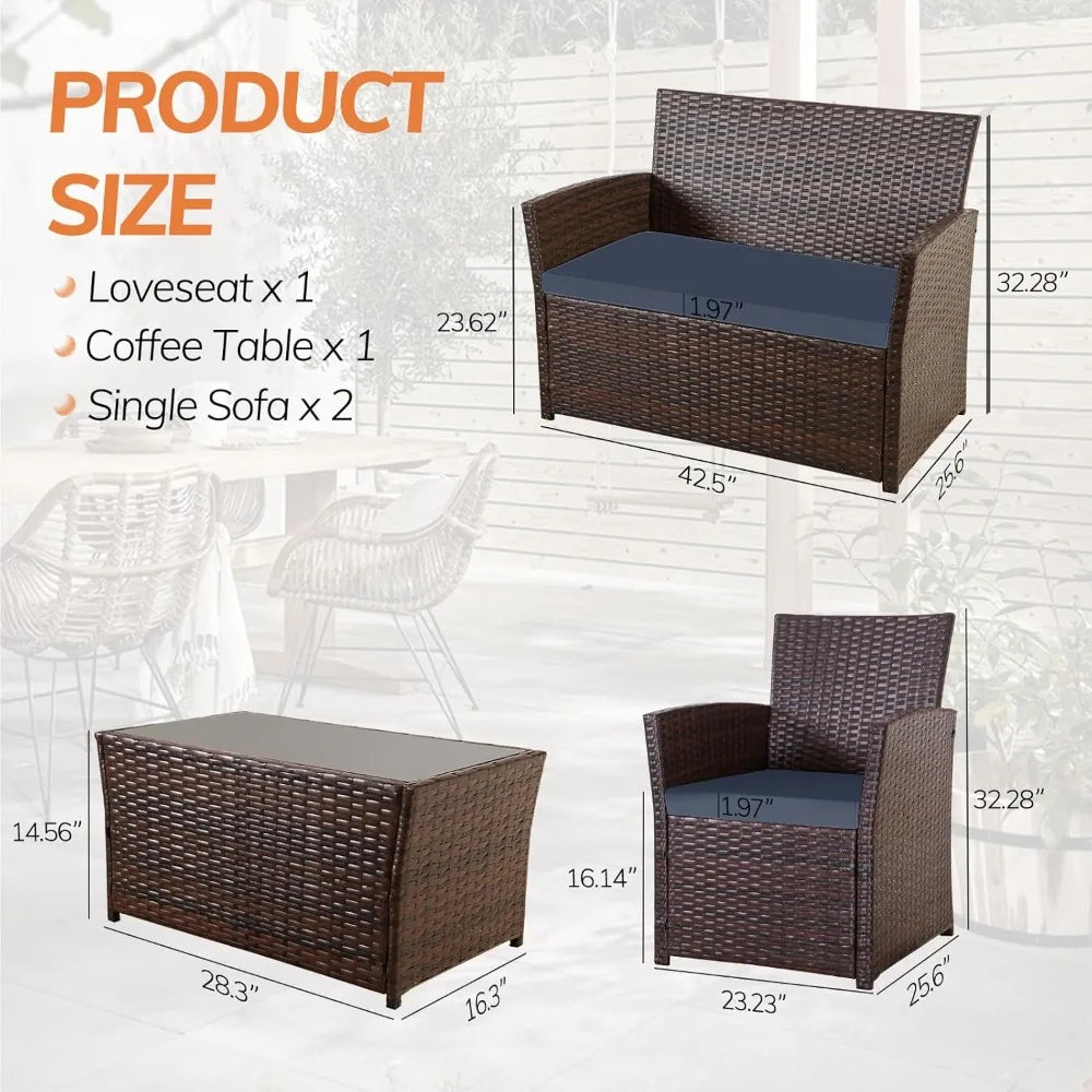 Patio Furniture Set, Outdoor Wicker Conversation Set, Rattan Sectional Sofa Couch with Glass Coffee Table & Thick Cushio