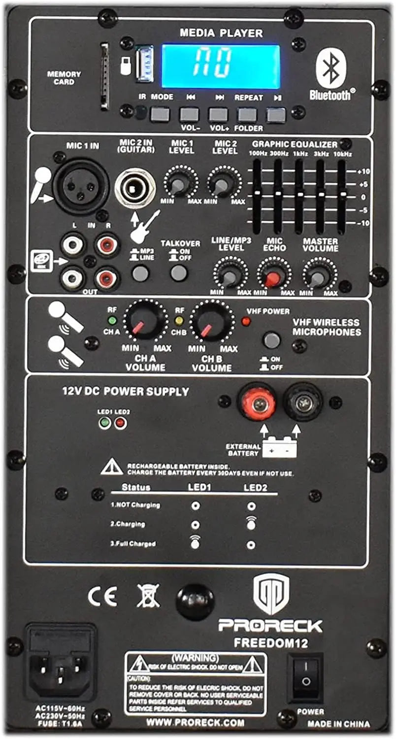PRORECK Freedom 12 Portable Wireless 12" 500W PA Speaker with Rechargeable Battery, BT/USB/SD/FM, Remote & Wireless Mic.