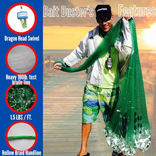 Minnow Cast Net 1/4 Sq. Mesh Green 8 Ft. for Fishing in Shallow Waters and Coastal Areas Lightweight and Durable Design with Hi