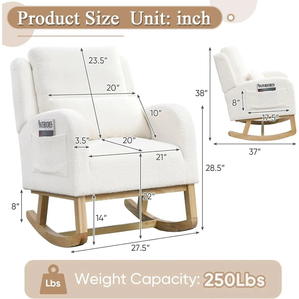 Rocking Glider Chair for Nursery, Wingback Accent Rocker Chair Upholstered Tall Back Arm Chair w/Side Pockets, Modern Leisure