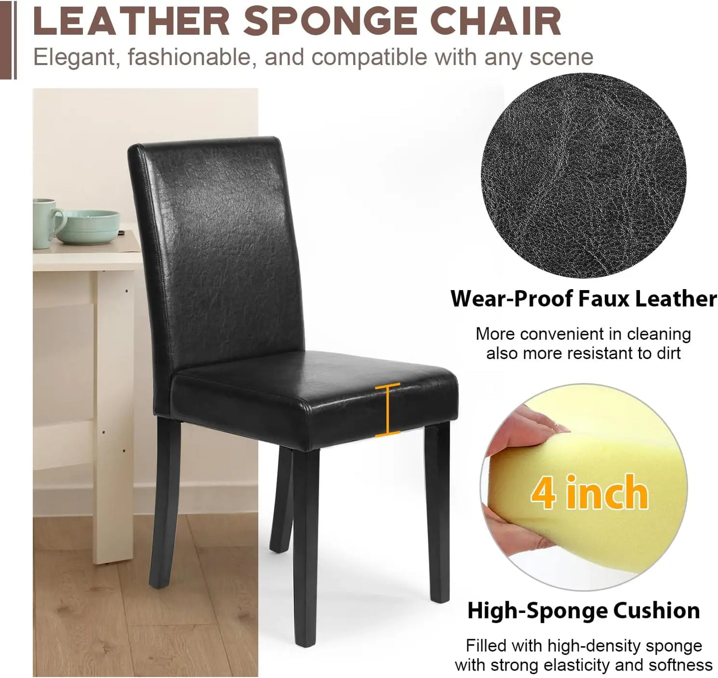 Dining Chairs Set of 4,Dining Room Chairs,Side PU Cushion Chairs with Waterproof Surface and Wood Legs Leather Black