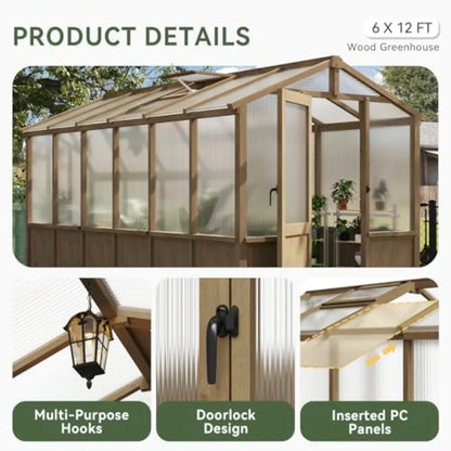 6x12 FT Wooden Greenhouse for Outdoors Polycarbonate Panel Walk-in Green House Kit with Adjustable Roof Vent and Lockable Door