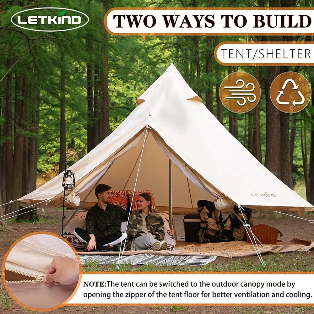 Canvas Bell Tent Yurt with Stove Jack, 4 Season Waterproof Camping Tent 4/6 Person Luxury Outdoor Glamping Tent for Camping