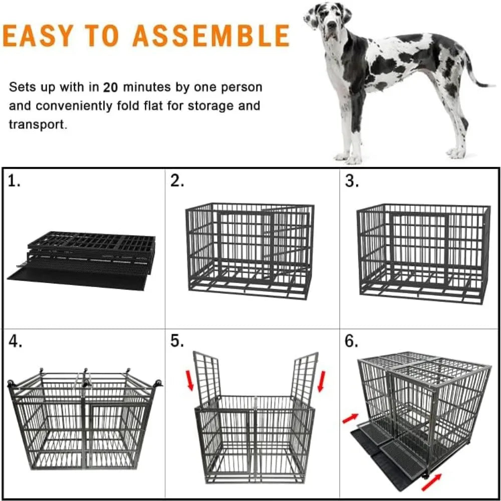 Masterpiece 54/48/42/38 Inch Heavy Duty Dog Crate Cage With Wheels, Indestructible And Escape Proof Steel Kennel Indoor For Hig