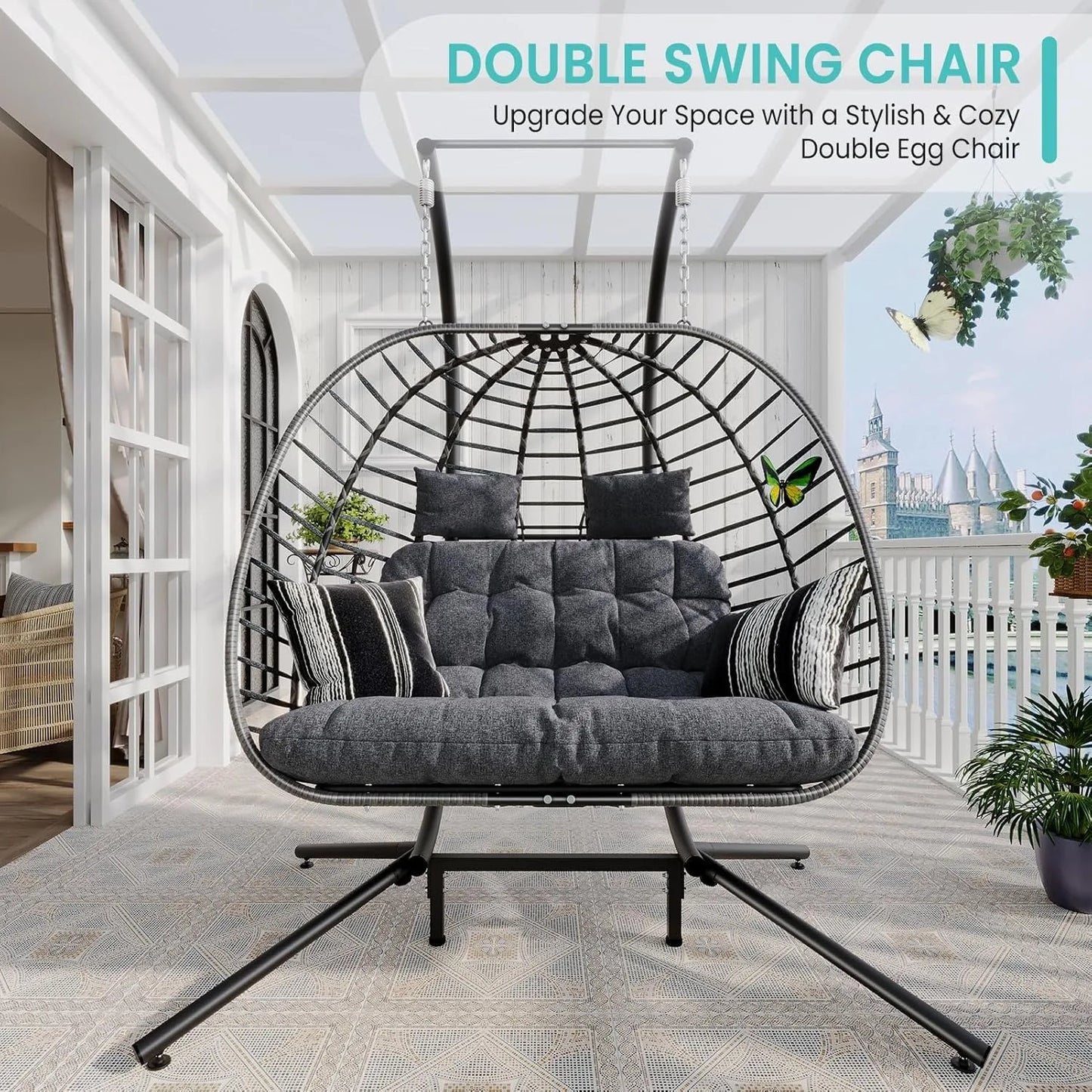 Double Egg Swing Chair with Stand, Outdoor Patio 2 Person Hanging Wicker Hammock Chairs with Cushion for Indoor Bedroom,