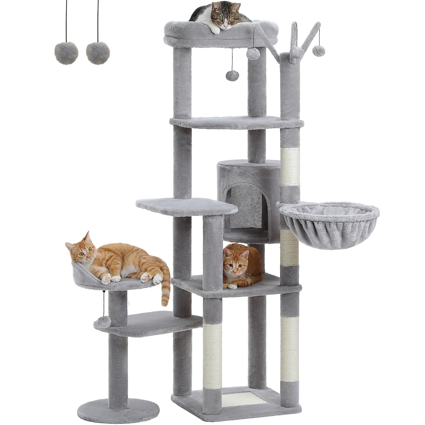Multi-Level Cat Tree with Scratching Post Hammock Large Perches Hanging Balls Tall Cat Tower for Indoor Spacious Cat Condo House