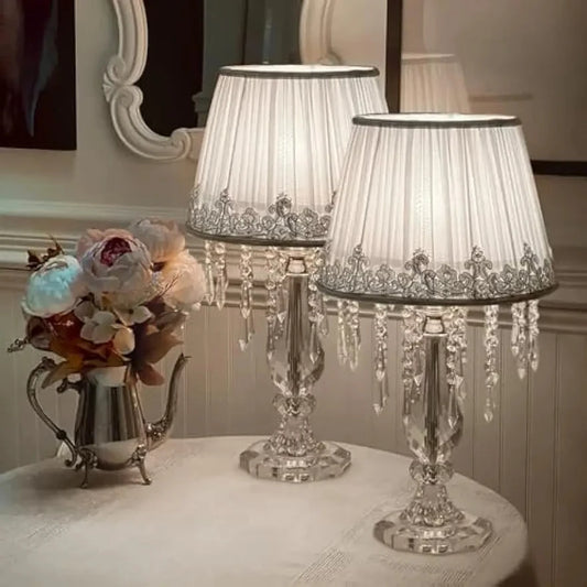 Modern Bedside Crystal Table Lamp with Ruched Fabric Lampshade Elegant Plug-in Crystal Chandelier Nightstand Room Decor