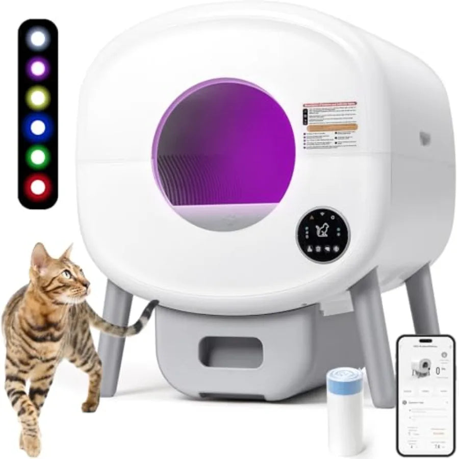 Extra Large Self-Cleaning Cat Litter Box for Multiple Cats with Odor-Free Technology App-Controlled Operation Ambient Light Was