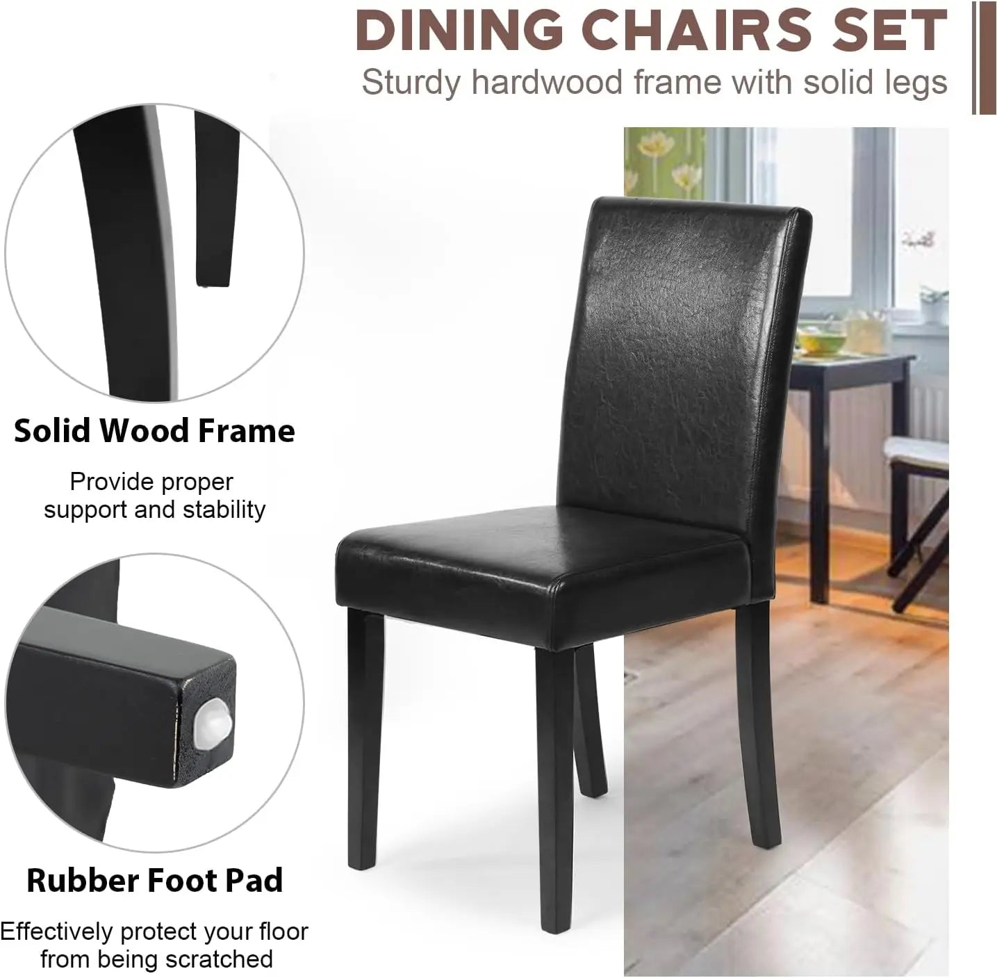 Dining Chairs Set of 4,Dining Room Chairs,Side PU Cushion Chairs with Waterproof Surface and Wood Legs Leather Black