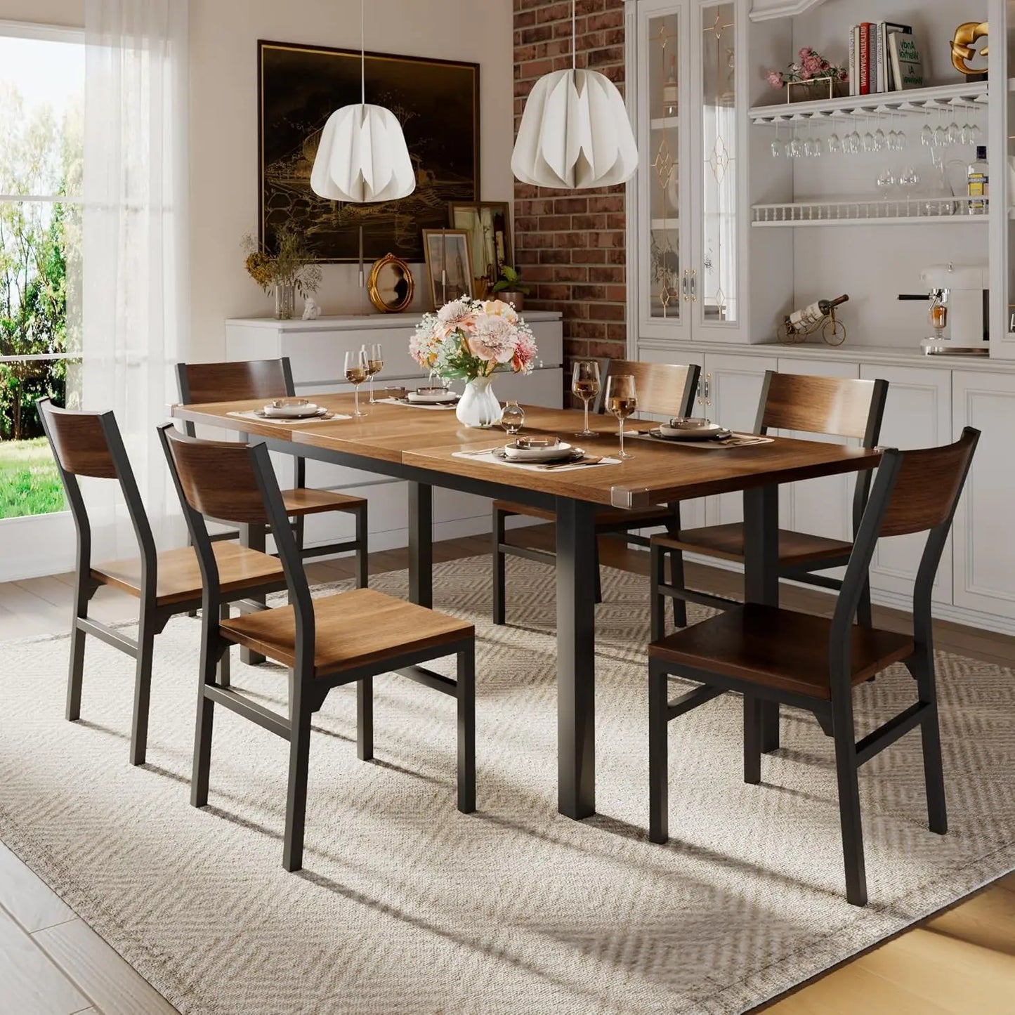 7-Piece Dining Table Set with 6 Chairs,63" Extendable Kitchen Table & Chairs Set for 4-6,Dining RoomTable with Solid Metal Frame