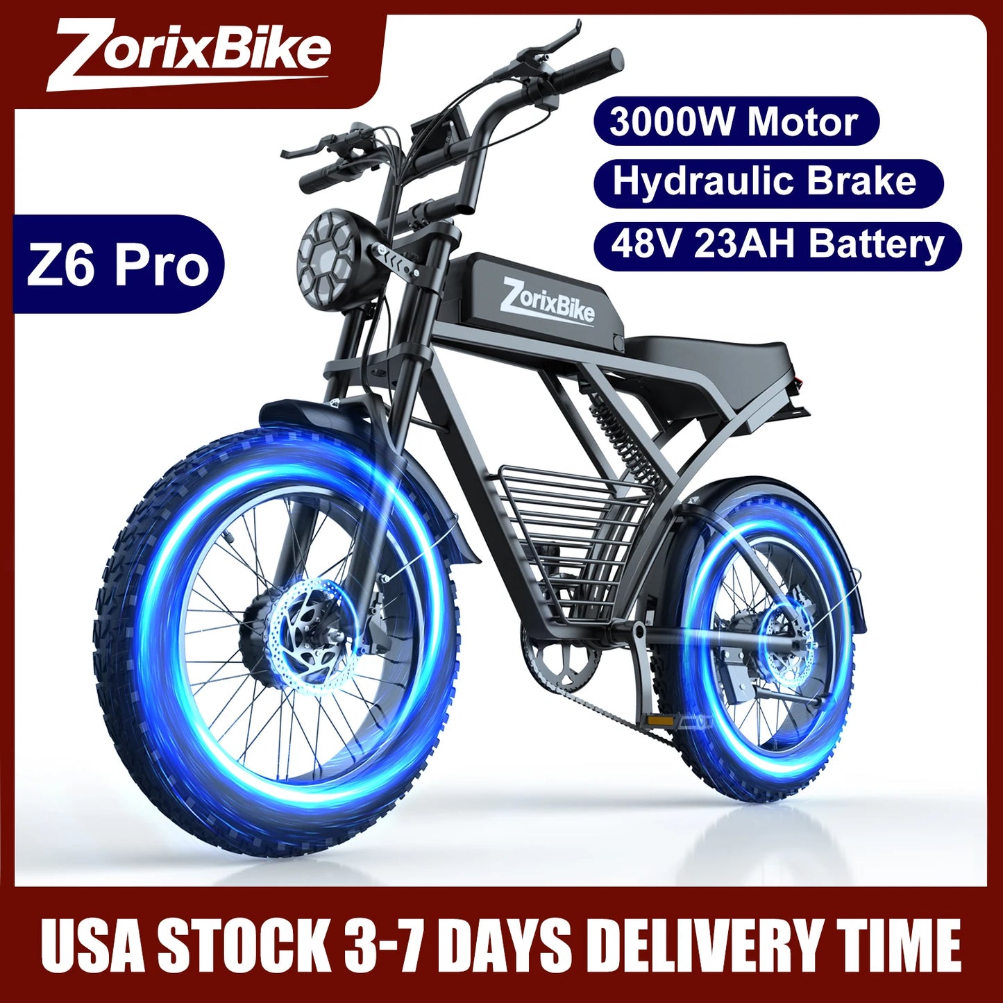 ZorixBike Z6 Pro Electric Bike for Adults 3000W 48V 23AH Max 80Miles Electric Motorcycle 20" Fat Tire Bike Shamano 7-Speed EBike