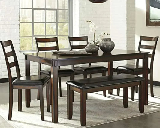 XMSJ-Coviar 6 Piece Dining Set, Includes Table, 4 Chairs & Bench, Dark Brown