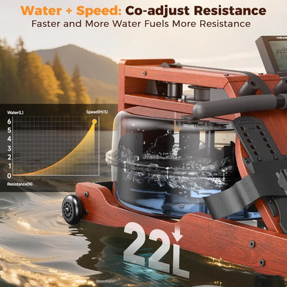Foldable Water Rowing Machine for Home Gym Fitness Training with 400LBS Weight Capacity Integrated Monitor and Bluetooth APP Co