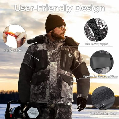 Ice Fishing Jacket Bundle with 52L Fishing Tackle Backpack with Rod Holders 4 Tackle Boxes Waterproof Nylon Outerwear Charcoal