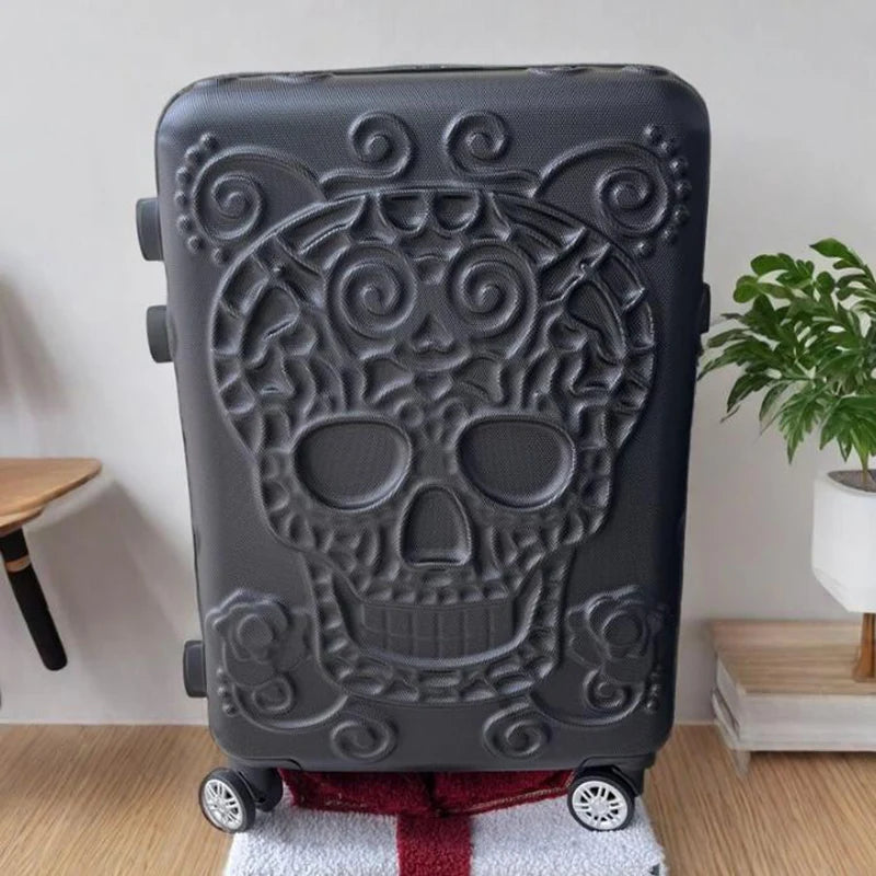 20 inc Black Skull Cabin Rolling Luggage Carry On Size Spinner Hardside Trolley Suitcase On Wheels