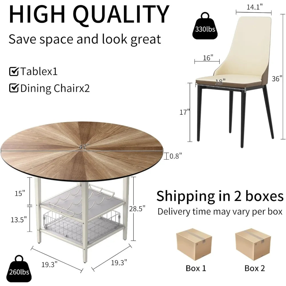 farmhouse-style 47" round dining table set for 4-6 with 4 chairs and storage rack, rustic wood design