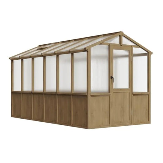 6x12 FT Wooden Greenhouse for Outdoors Polycarbonate Panel Walk-in Green House Kit with Adjustable Roof Vent and Lockable Door