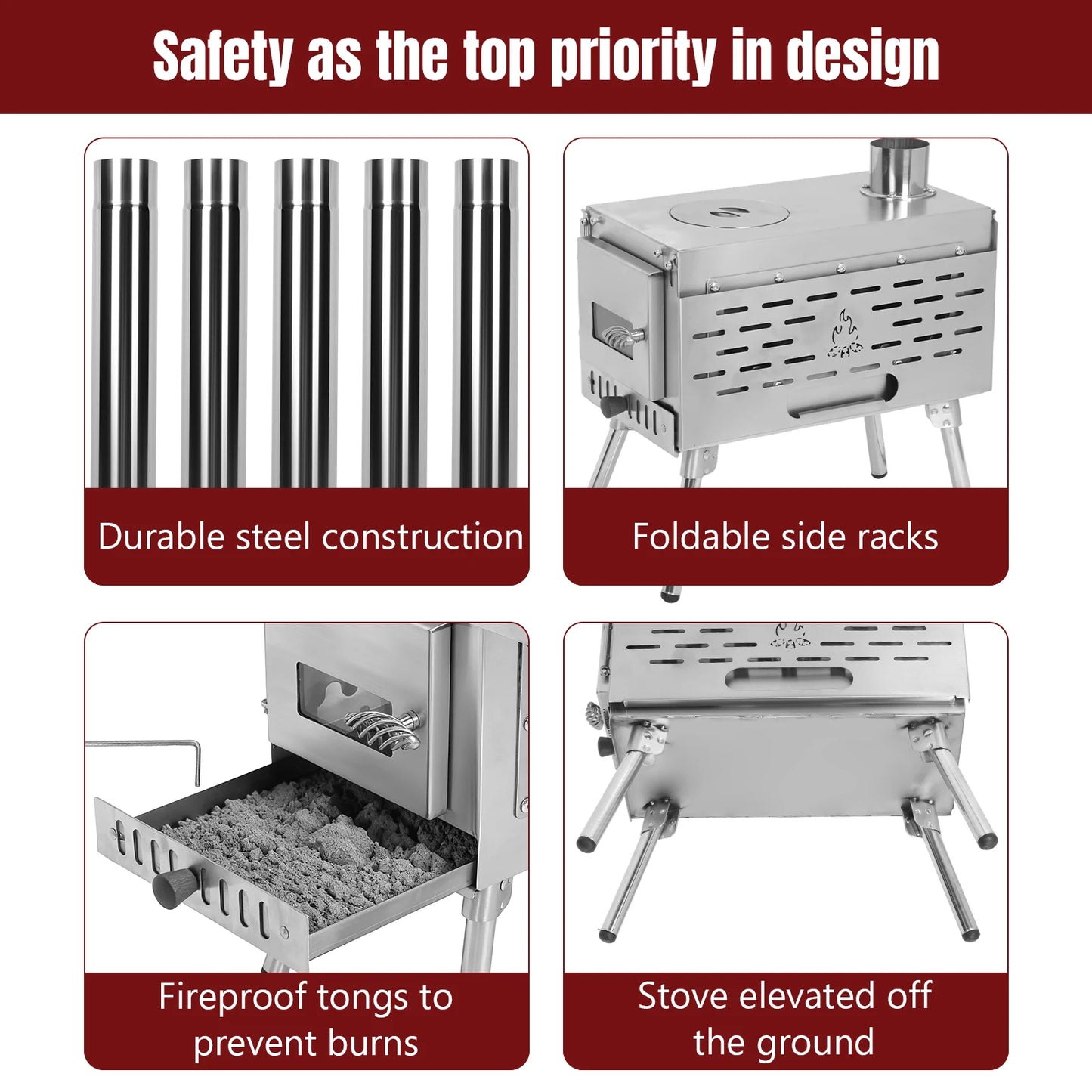 Pellet Stove Stainless Steel Portable Wood Burning Stove with Chimney Pipe Pellet Burner for Outdoor Cooking Hiking