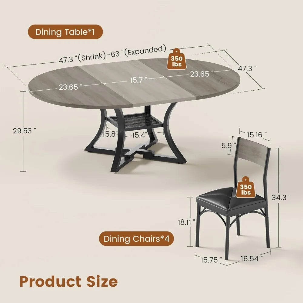 Round Extendable Dining Table Set for 4-6 People, 5-Piece Kitchen Table Set with 4 Cushion Chairs, Dining Room Table for 6