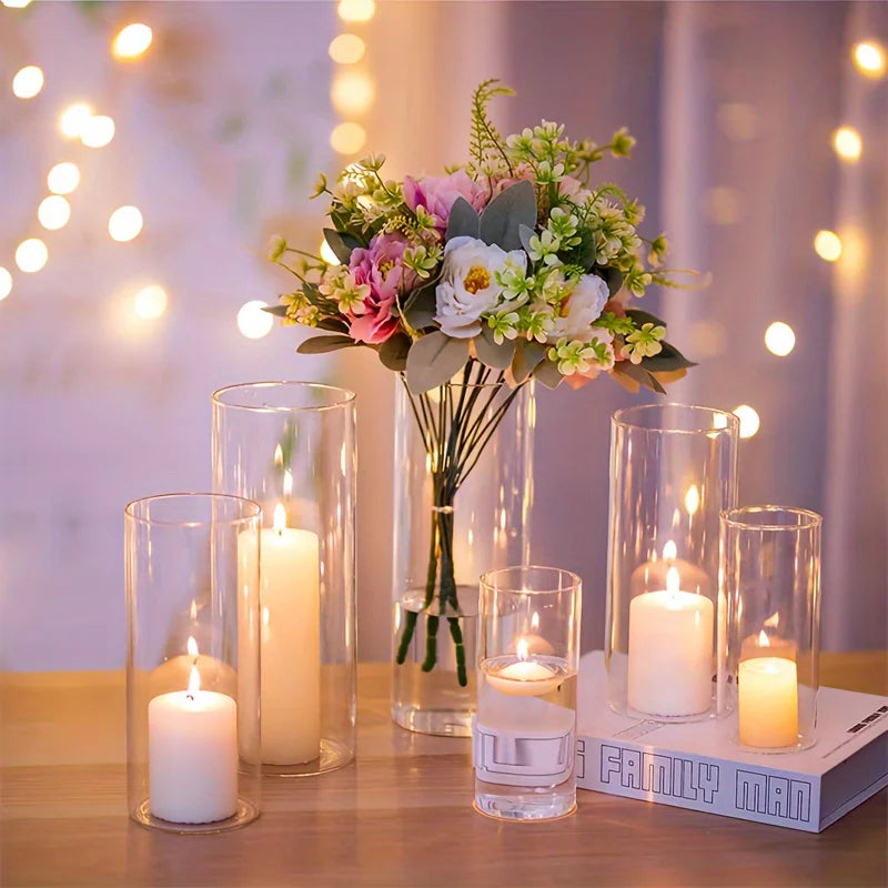 12/30 Set of Cylindrical Glass Vases, Modern Transparent Vases, Hurricane Candle Holders for Pillar Candles, Wedding Vases